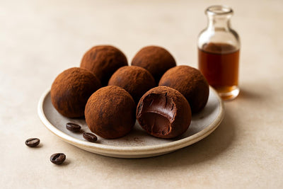 Espresso Truffles on a plate, one bitten