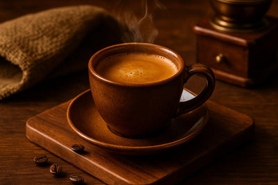Espresso in a ceramic mug on an oak serving board