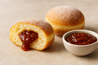 Filled doughnut cut open to show fig jam filling