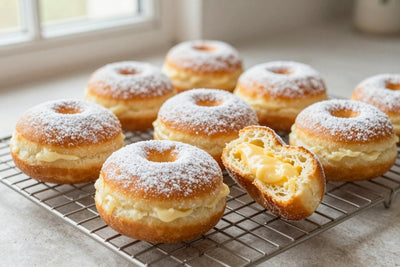 Fresh filled berliner doughnuts on a wire cooling rack, one broken open to show the tender inside