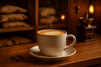 Flat White in a ceramic mug on an oak bar
