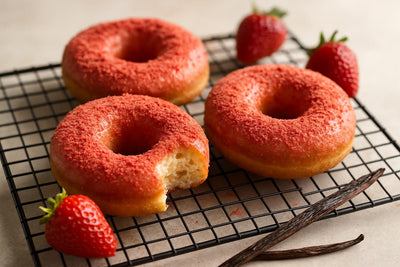 Doughnuts finished with freeze-dried strawberry dust on a cooling rack