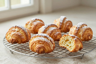 Fresh french crullers on a wire cooling rack, one broken open to show the tender inside