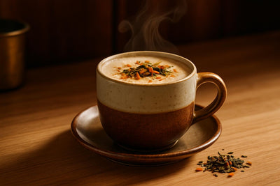 Genmaicha in a ceramic mug on an oak kitchen island