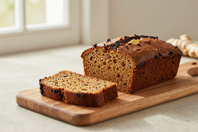 A loaf of gingerbread loaf on a wooden board, two thick slices cut to show the moist crumb