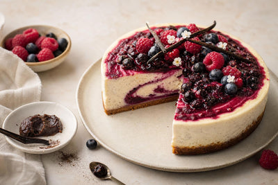 Gluten-free berry vanilla cheesecake made with Ugandan vanilla