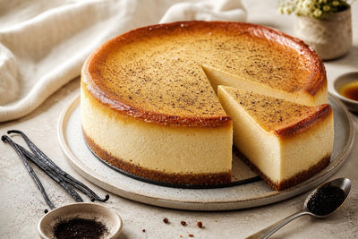 Gluten-free brown butter vanilla cheesecake made with Ugandan vanilla