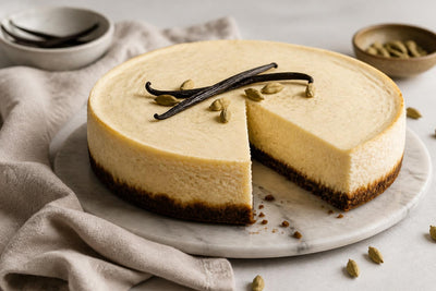 Gluten-free cardamom vanilla cheesecake made with Mexican vanilla