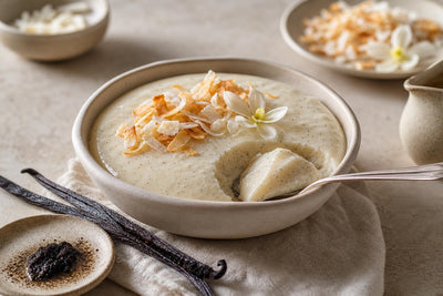 Gluten-free coconut vanilla pudding made with Indonesian vanilla