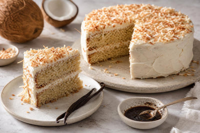 Gluten-free coconut vanilla layer cake made with Mexican vanilla