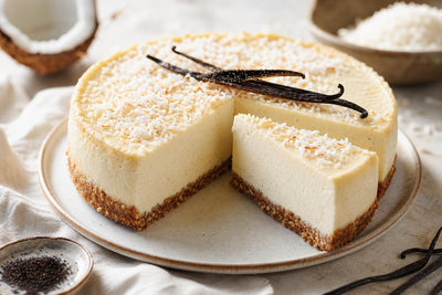 Gluten-free coconut vanilla cheesecake made with Tahitian vanilla