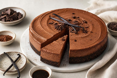 Gluten-free dark chocolate vanilla cheesecake made with Mexican vanilla