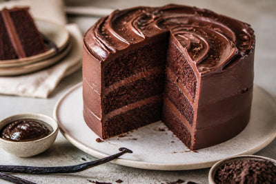 Gluten-free dark chocolate vanilla layer cake made with Ugandan vanilla