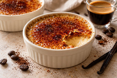 Gluten-Free Espresso Vanilla Crème Brûlée in a ramekin with a caramelized sugar crust