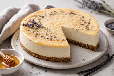 Gluten-free honey lavender vanilla cheesecake made with Mexican vanilla