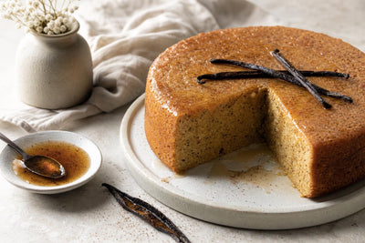 Gluten-free maple vanilla layer cake made with Mexican vanilla