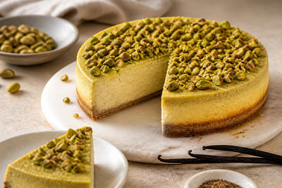 Gluten-free pistachio vanilla cheesecake made with Indonesian vanilla