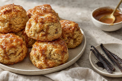 Gluten-free salted caramel vanilla scones made with Ugandan vanilla