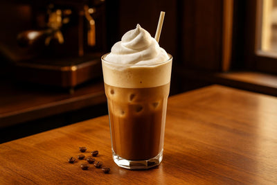 Greek Frappé in a glass on an oak café counter
