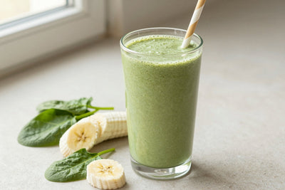 A tall glass of thick, creamy green protein shake with a straw, a few of its fresh ingredients beside it