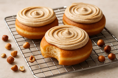 Doughnuts finished with hazelnut buttercream on a cooling rack
