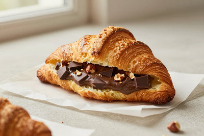 Golden, flaky hazelnut chocolate croissants on parchment, one torn open to show the honeycomb layers