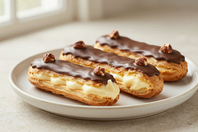 A row of hazelnut éclairs on a plate, glossy topping, one cut to show the creamy filling