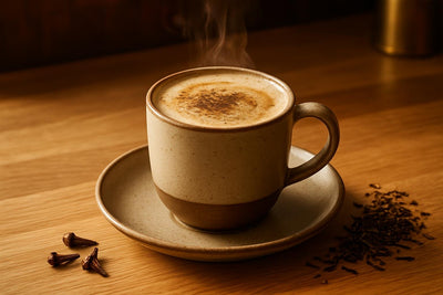 Hojicha Latte in a ceramic mug on an oak kitchen island
