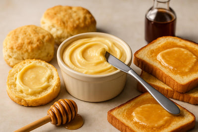 Honey Butter in a crock with warm biscuits