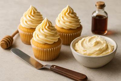 Cupcakes piped with honey buttercream frosting