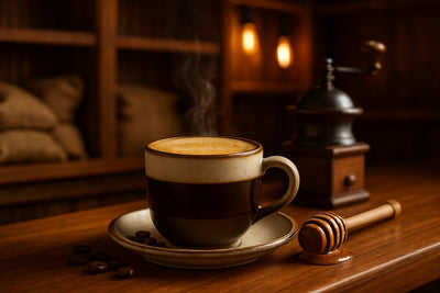 Honey Coffee in a ceramic mug on an oak bar