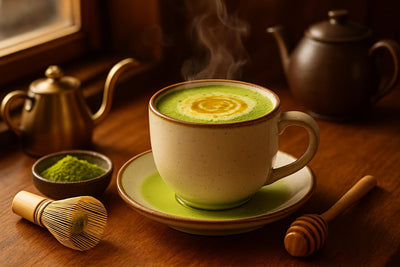 Honey Matcha Latte in a ceramic mug on an oak café counter