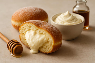 Filled doughnut cut open to show honey ricotta cream