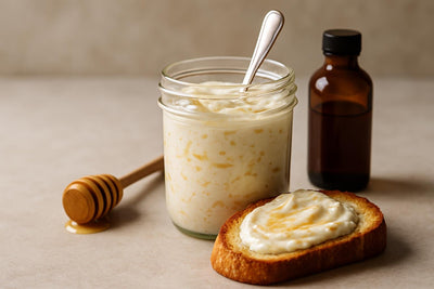 Jar of honey ricotta spread with toast