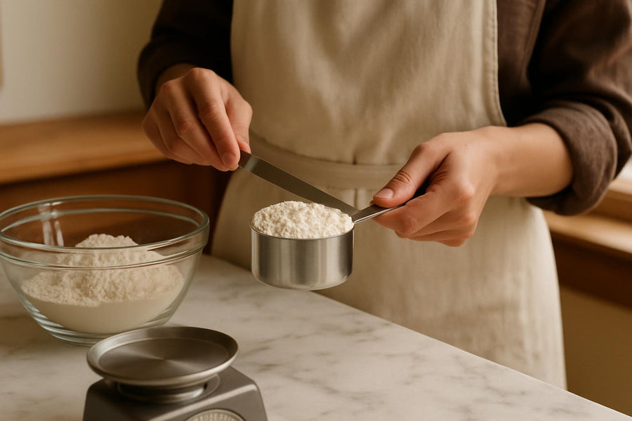 Hands spooning flour into measuring cup and leveling with knife, demonstrating proper flour measuring technique