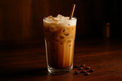 Iced Brown Sugar Latte in a glass on an oak bar