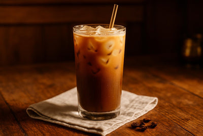 Iced Coffee in a glass on an oak table