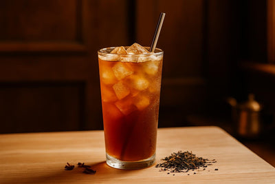 Iced Earl Grey in a glass on an oak kitchen island
