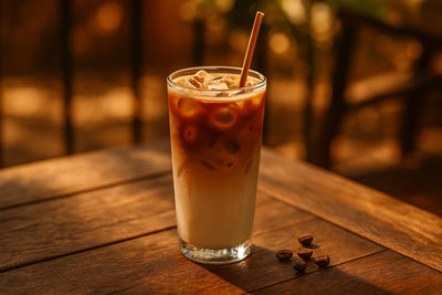 Iced Latte in a glass on an oak patio table