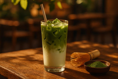 Iced Matcha Latte in a glass on an oak patio table
