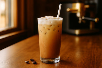 Iced White Mocha in a glass on an oak café counter