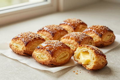 Caramelized, crackly individual kouign-amann on parchment, one torn open to show the buttery layers