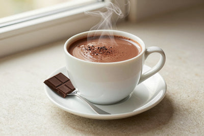 A steaming mug of italian thick hot chocolate on a saucer, rich and glossy, with its toppings