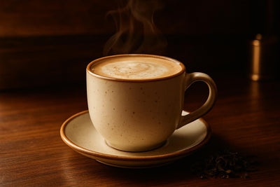 Jasmine Tea Latte in a ceramic mug on an oak bar