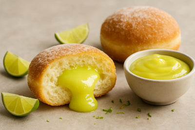 Filled doughnut cut open to show Key lime curd
