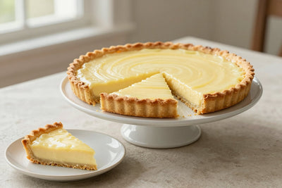 A key lime tart on a cake stand with one slice cut out and served on a small plate