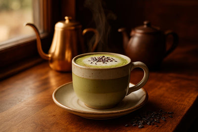 Lavender Matcha Latte in a ceramic mug on an oak café counter