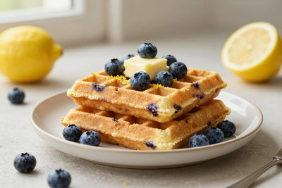 A stack of golden lemon blueberry waffles on a plate with a pat of butter and the toppings from the recipe