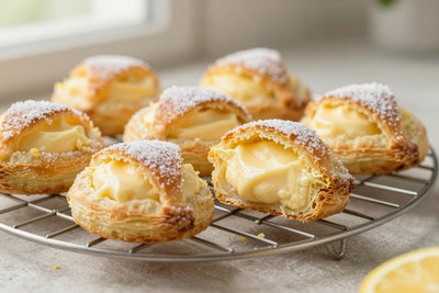 Golden lemon cream cheese turnovers on a wire rack, one cut open to show the filling