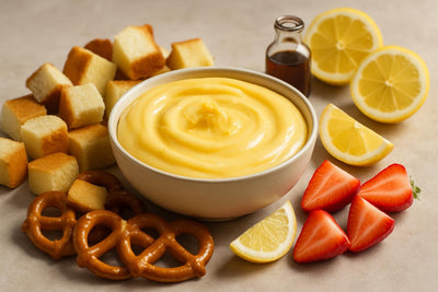 Bowl of lemon curd cream dip with brioche, pretzels and fruit